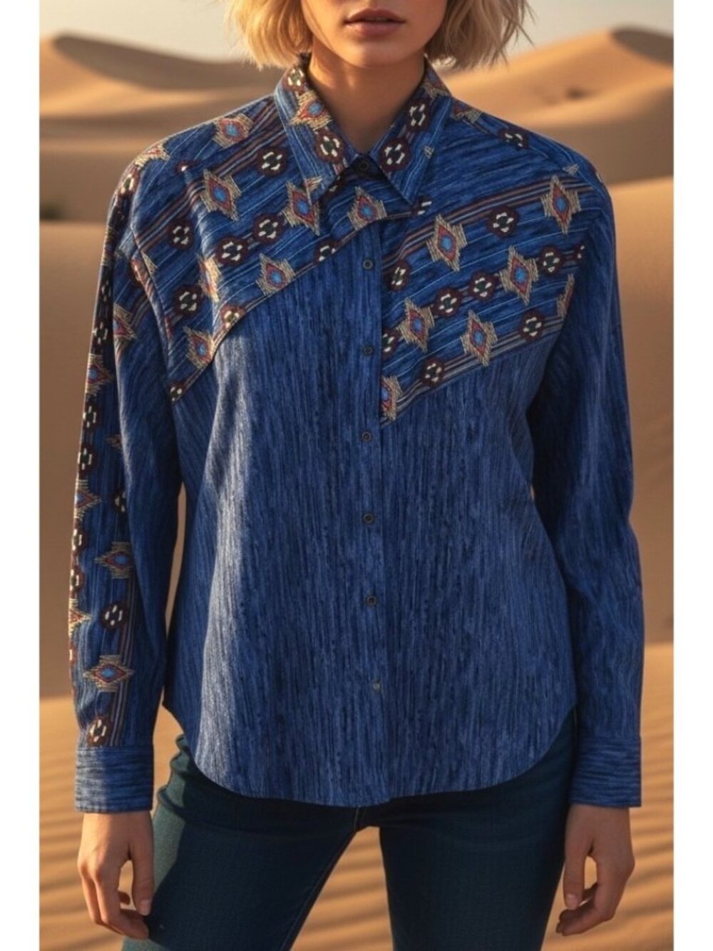 Vintage Rockmount Ranchwear Tru-West Blue Western Shirt Aztec Print USA L
